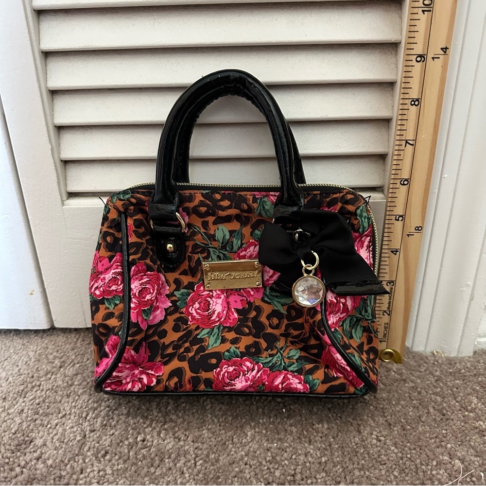Betsey Johnson Leopard Floral Mini Satchel Bag Y2K Bow Charm Top Handle Purse - Picture 4 of 8